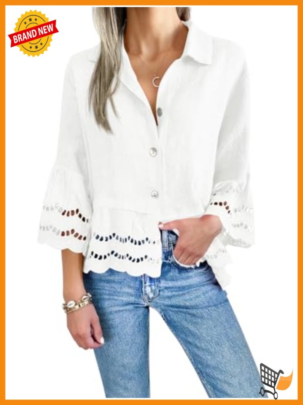 Womens 3/4 Bell Sleeve Button Down Eyelet Blouse Loose Fit Casual Top